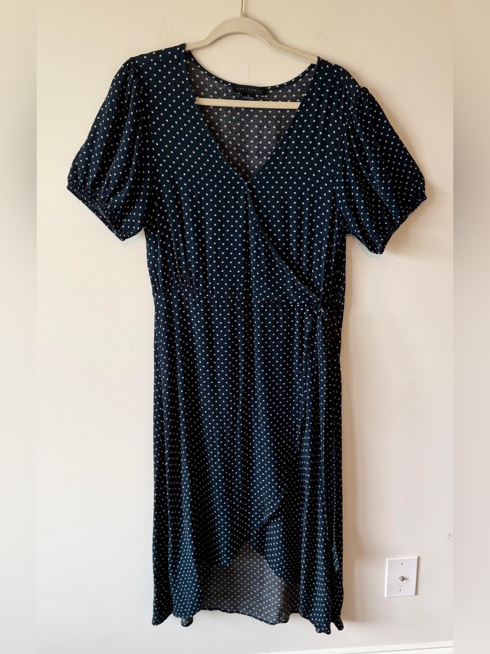 Sanctuary Meadow Faux Wrap Midi Dress in Navy Blue and White Polka Dot